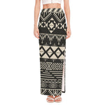 Black And Beige Aztec Pattern Print High Slit Maxi Skirt