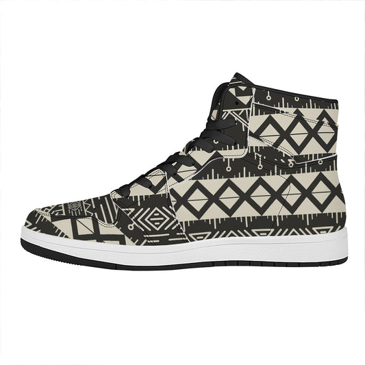 Black And Beige Aztec Pattern Print High Top Leather Sneakers