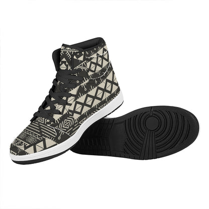 Black And Beige Aztec Pattern Print High Top Leather Sneakers