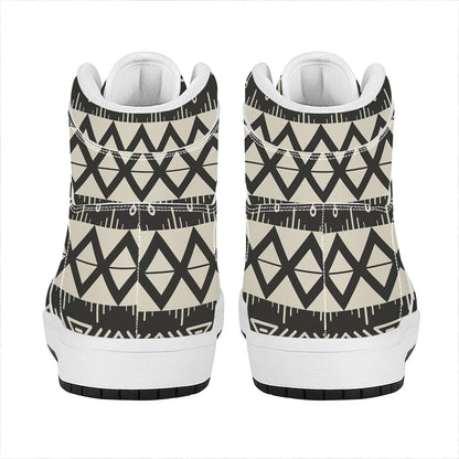 Black And Beige Aztec Pattern Print High Top Leather Sneakers