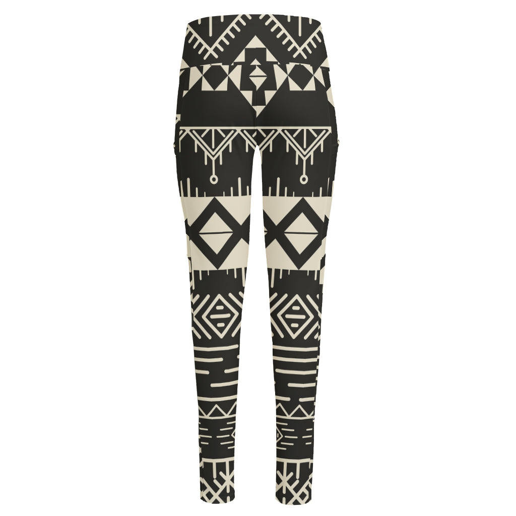 Black And Beige Aztec Pattern Print High-Waisted Pocket Leggings