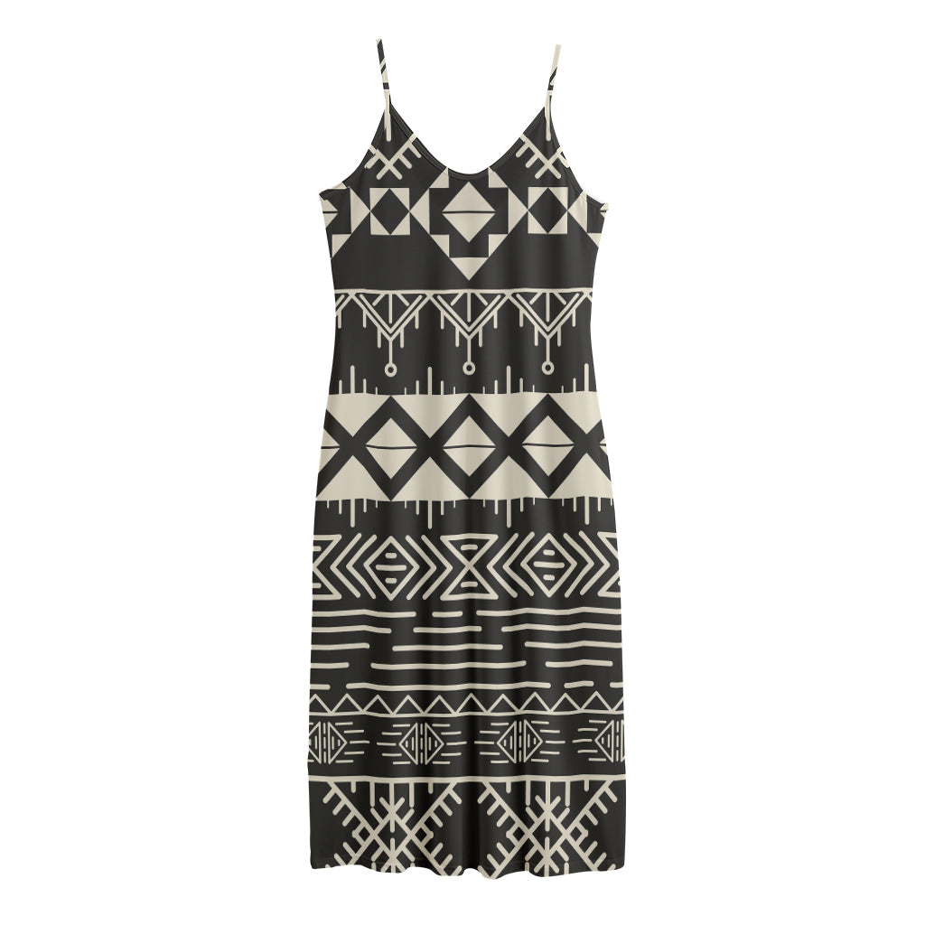 Black And Beige Aztec Pattern Print Jersey Midi Cami Dress