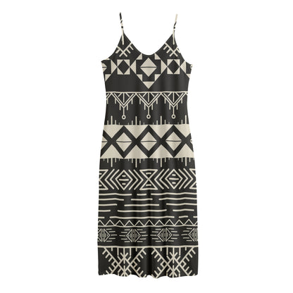 Black And Beige Aztec Pattern Print Jersey Midi Cami Dress