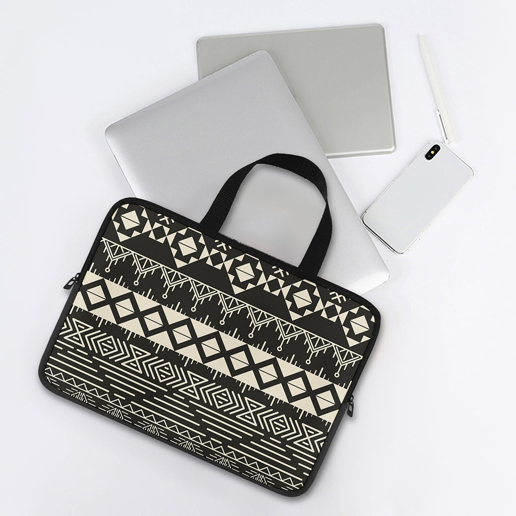 Black And Beige Aztec Pattern Print Laptop Sleeve With Handle