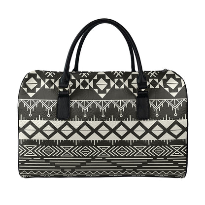 Black And Beige Aztec Pattern Print Leather Duffle Bag