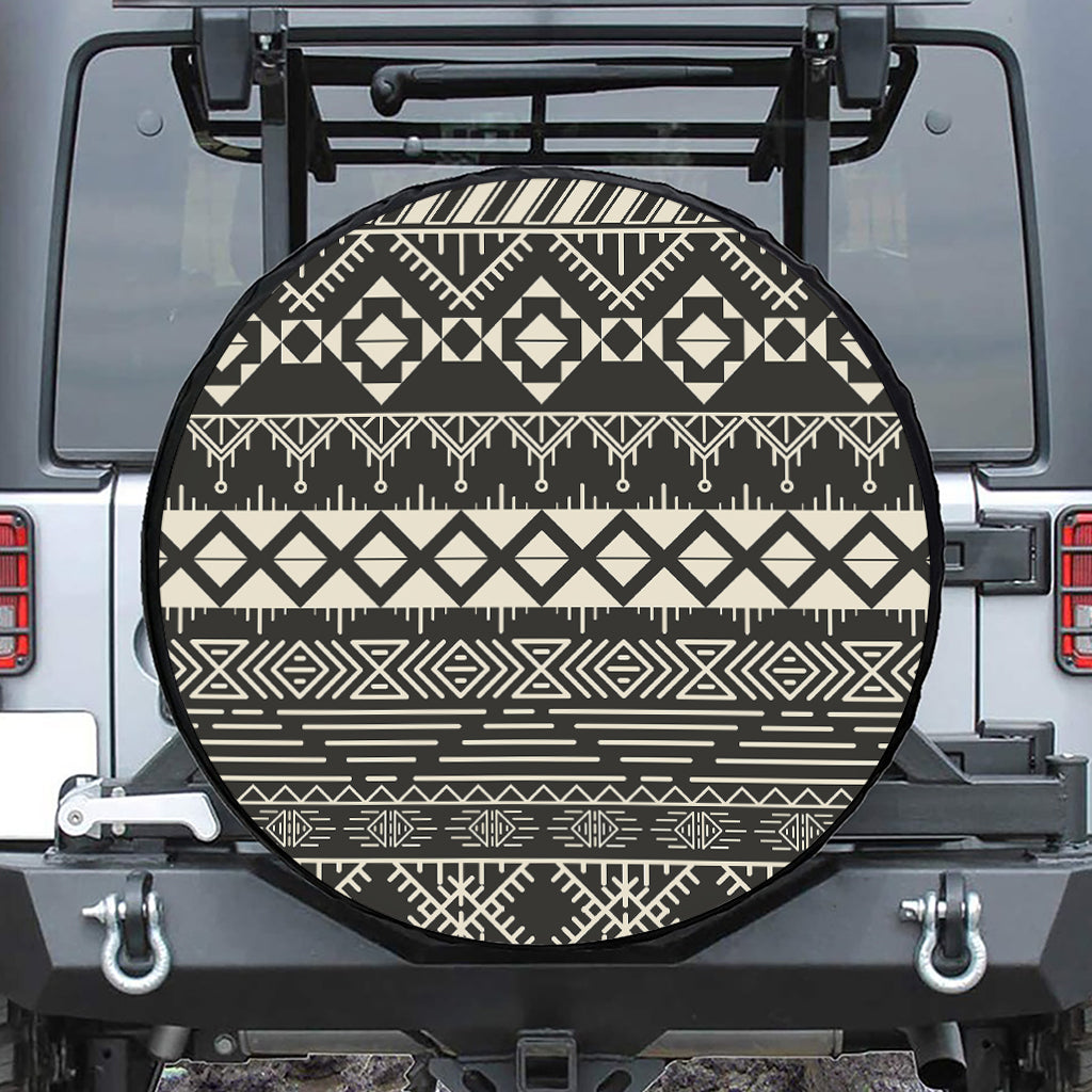 Black And Beige Aztec Pattern Print Leather Spare Tire Cover
