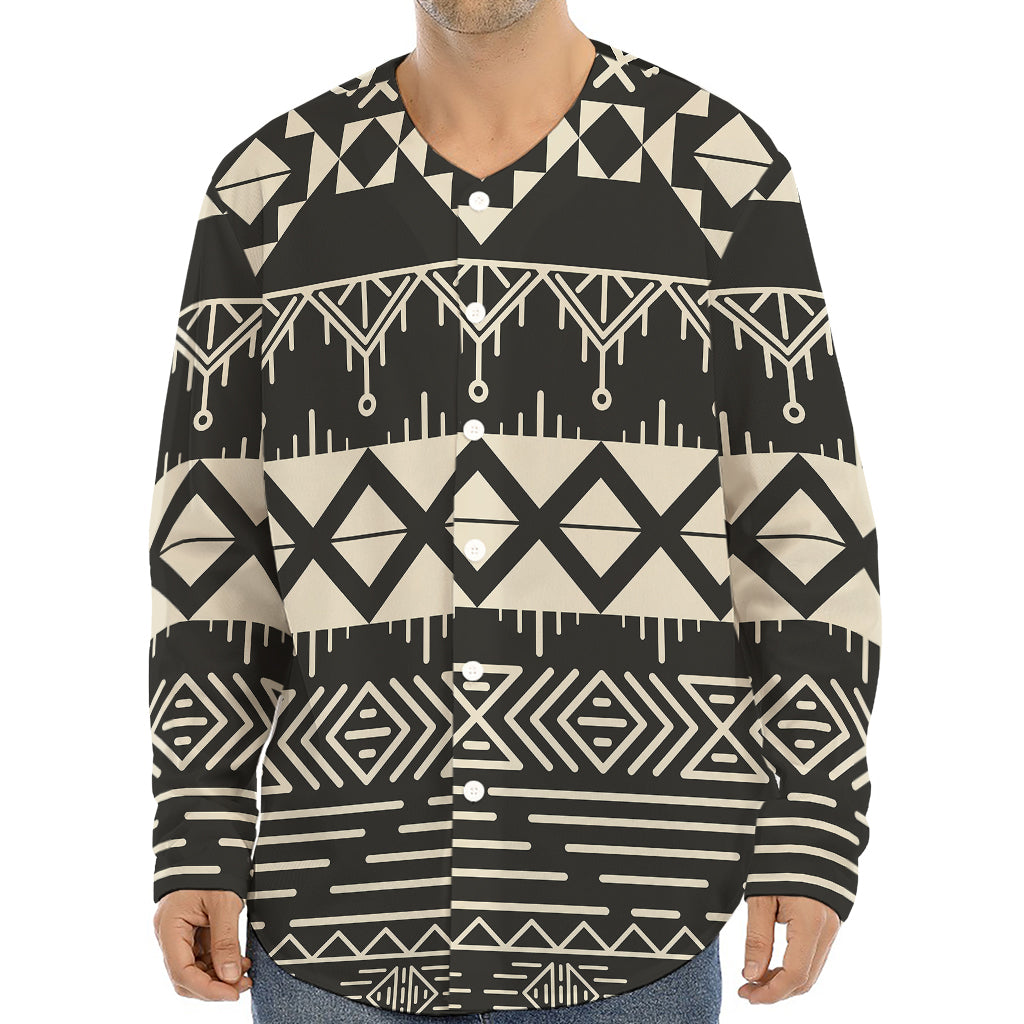 Black And Beige Aztec Pattern Print Long Sleeve Baseball Jersey