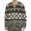 Black And Beige Aztec Pattern Print Long Sleeve Baseball Jersey