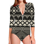 Black And Beige Aztec Pattern Print Long Sleeve Swimsuit