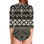Black And Beige Aztec Pattern Print Long Sleeve Swimsuit