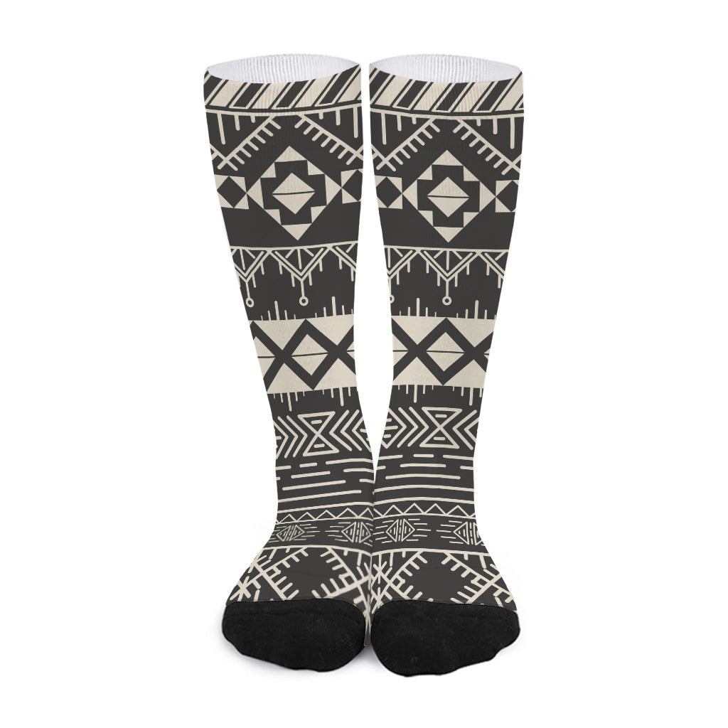 Black And Beige Aztec Pattern Print Long Socks