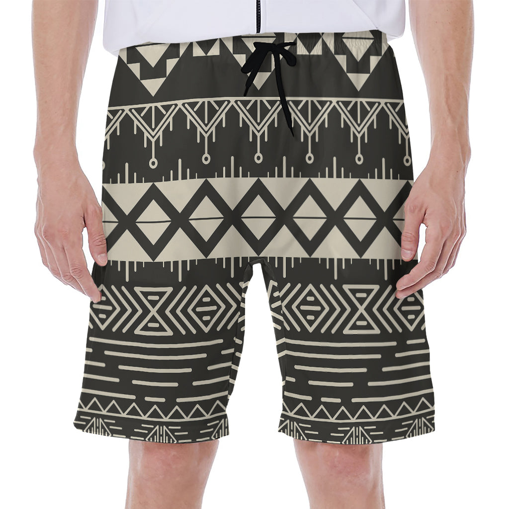 Black And Beige Aztec Pattern Print Men's Beach Shorts