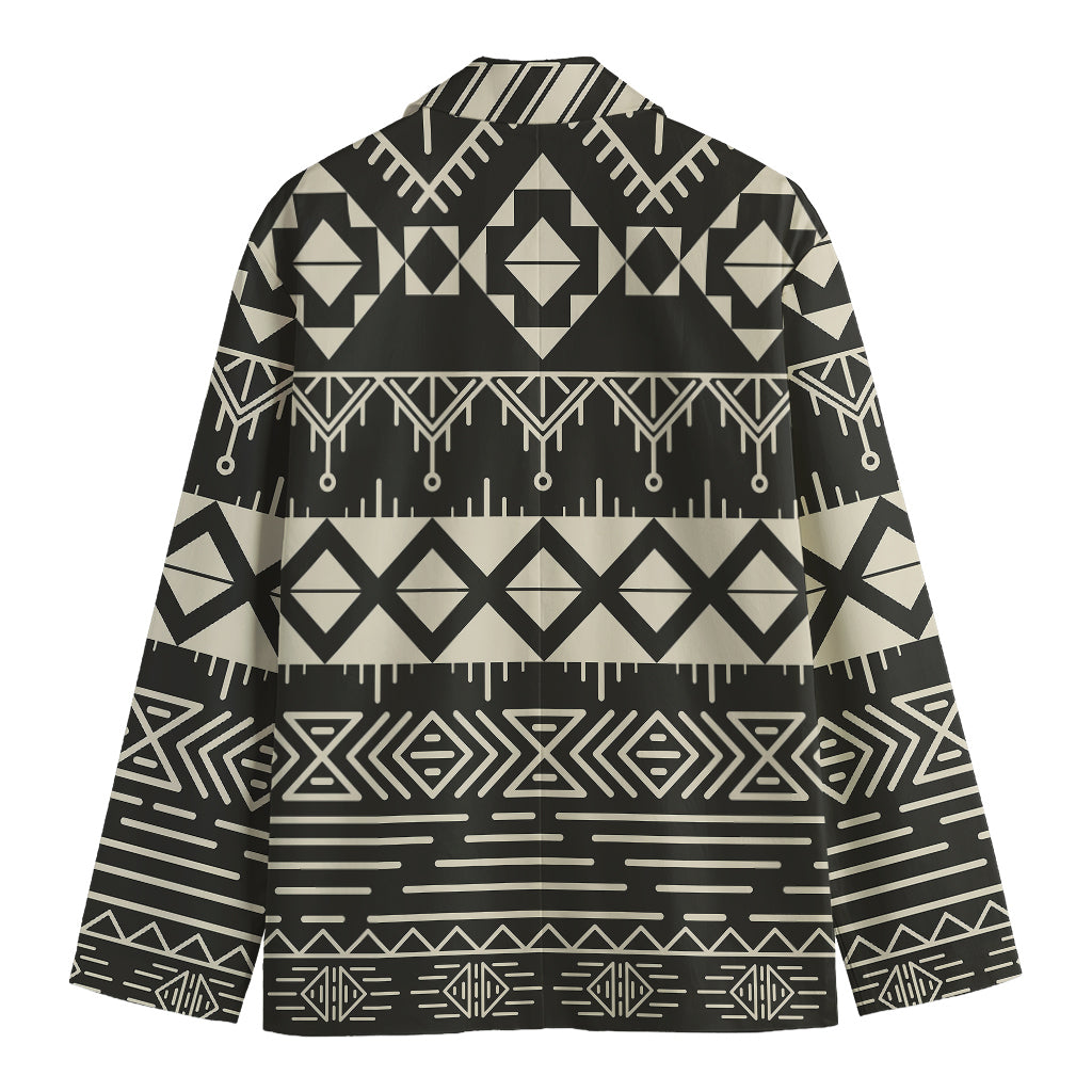 Black And Beige Aztec Pattern Print Men's Blazer
