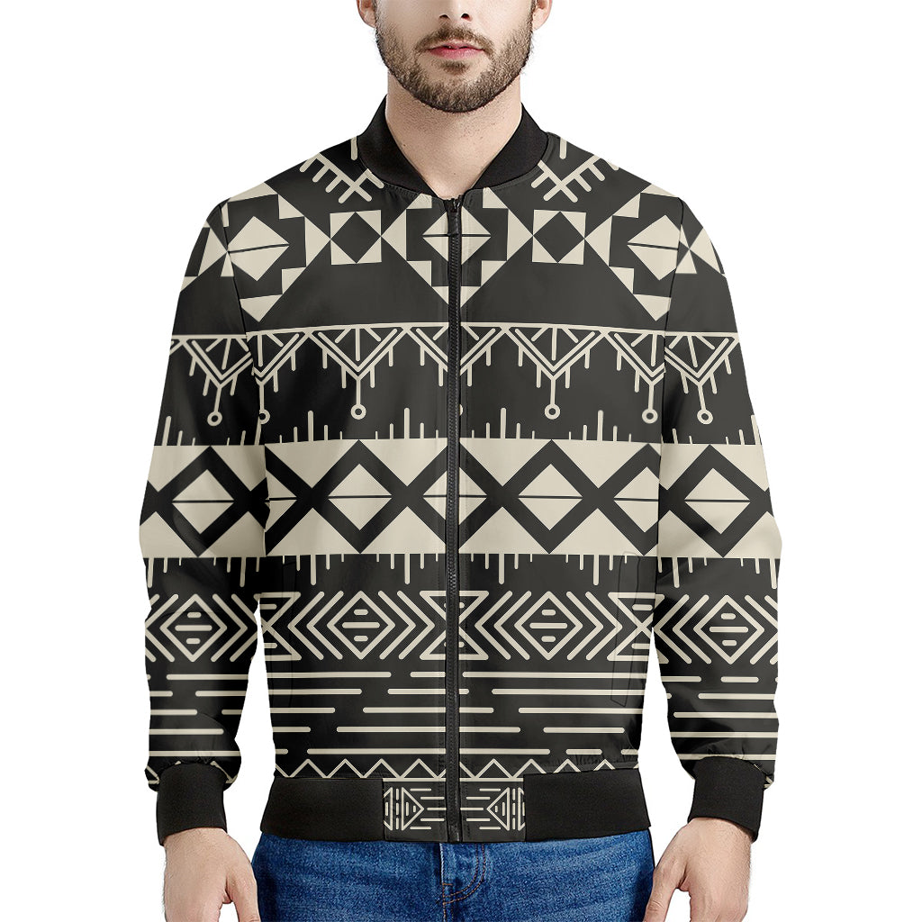 Black And Beige Aztec Pattern Print Men's Bomber Jacket