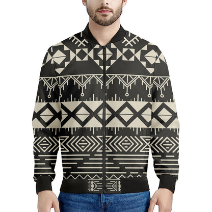 Black And Beige Aztec Pattern Print Men's Bomber Jacket