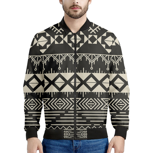 Black And Beige Aztec Pattern Print Men's Bomber Jacket