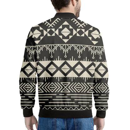 Black And Beige Aztec Pattern Print Men's Bomber Jacket