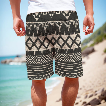 Black And Beige Aztec Pattern Print Men's Cargo Shorts