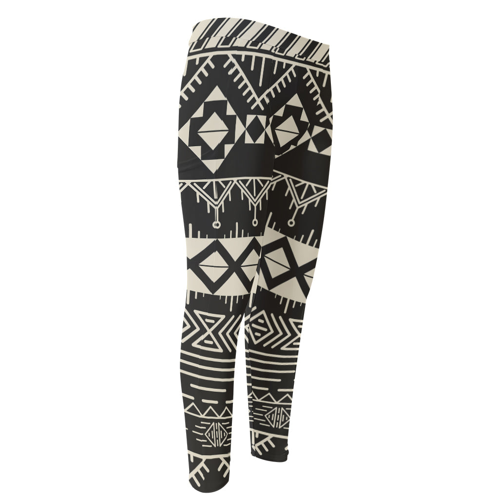 Black And Beige Aztec Pattern Print Men's Compression Pants