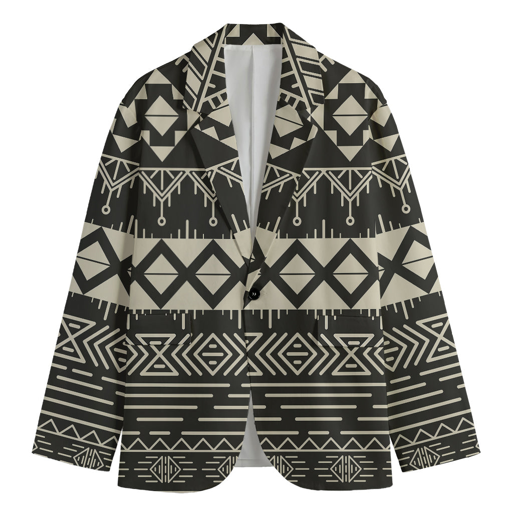 Black And Beige Aztec Pattern Print Men's Cotton Blazer