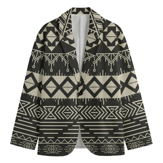 Black And Beige Aztec Pattern Print Men's Cotton Blazer