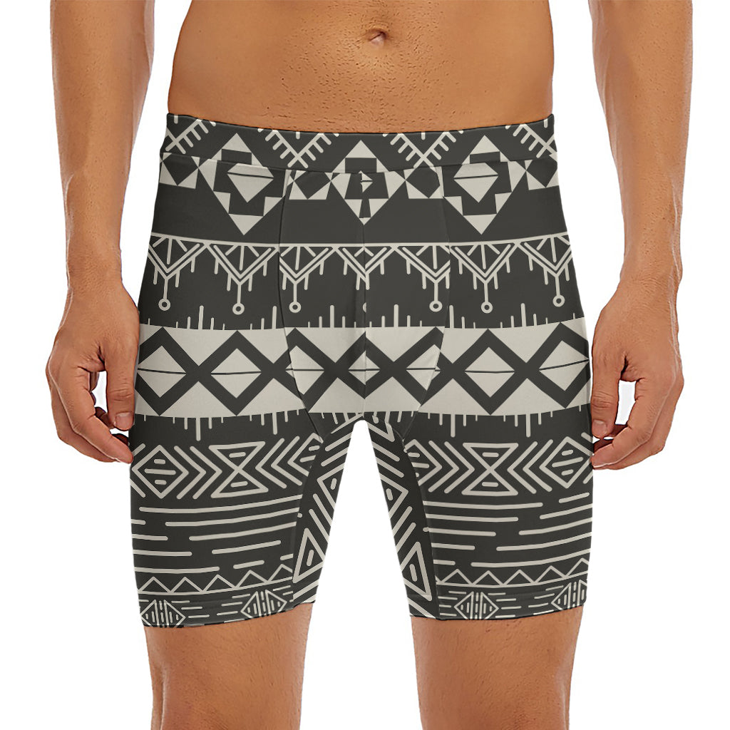 Black And Beige Aztec Pattern Print Men's Long Boxer Briefs