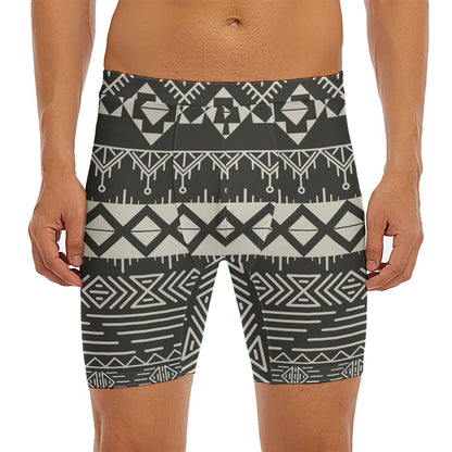 Black And Beige Aztec Pattern Print Men's Long Boxer Briefs