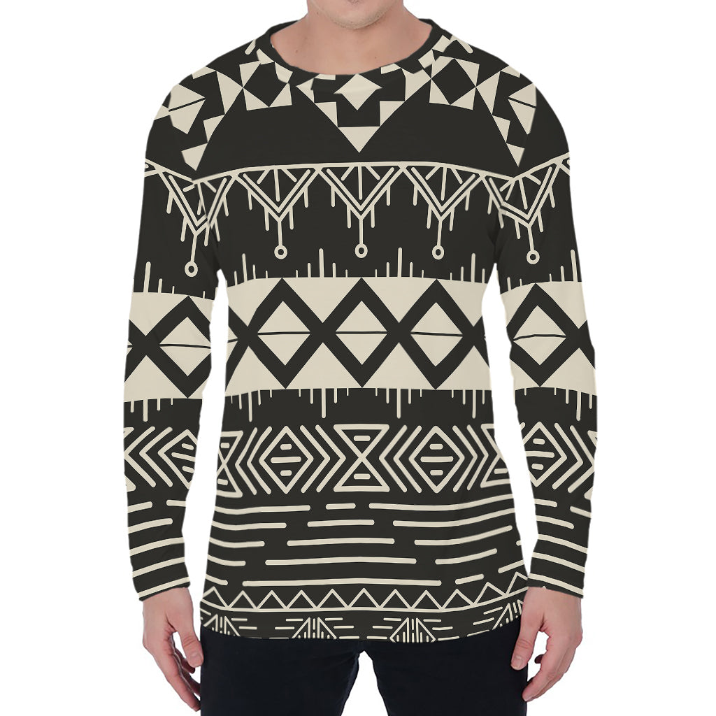 Black And Beige Aztec Pattern Print Men's Long Sleeve T-Shirt