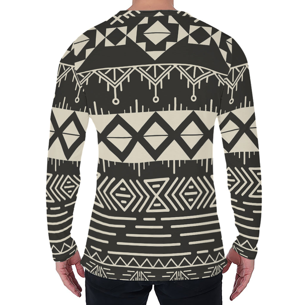 Black And Beige Aztec Pattern Print Men's Long Sleeve T-Shirt