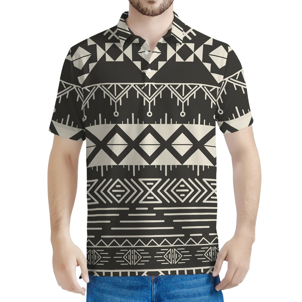 Black And Beige Aztec Pattern Print Men's Polo Shirt