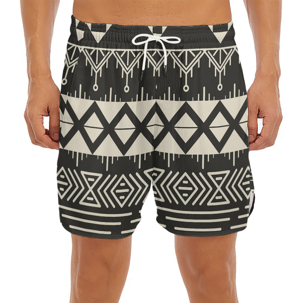 Black And Beige Aztec Pattern Print Men's Split Running Shorts