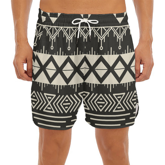 Black And Beige Aztec Pattern Print Men's Split Running Shorts
