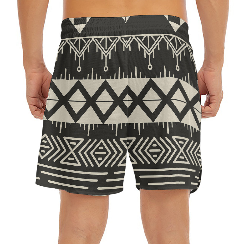 Black And Beige Aztec Pattern Print Men's Split Running Shorts