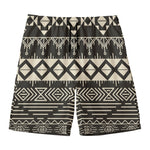 Black And Beige Aztec Pattern Print Men's Swim Trunks