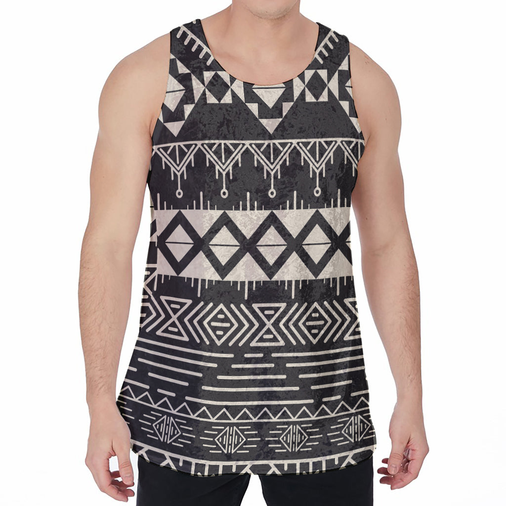 Black And Beige Aztec Pattern Print Men's Velvet Tank Top