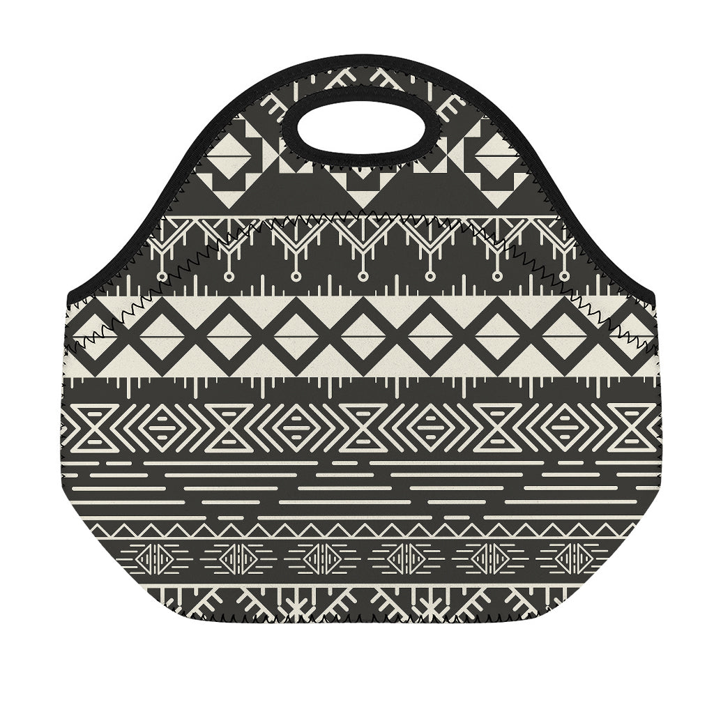 Black And Beige Aztec Pattern Print Neoprene Lunch Bag