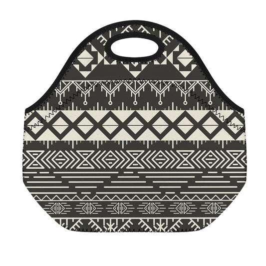 Black And Beige Aztec Pattern Print Neoprene Lunch Bag