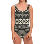 Black And Beige Aztec Pattern Print One Piece Swimsuit