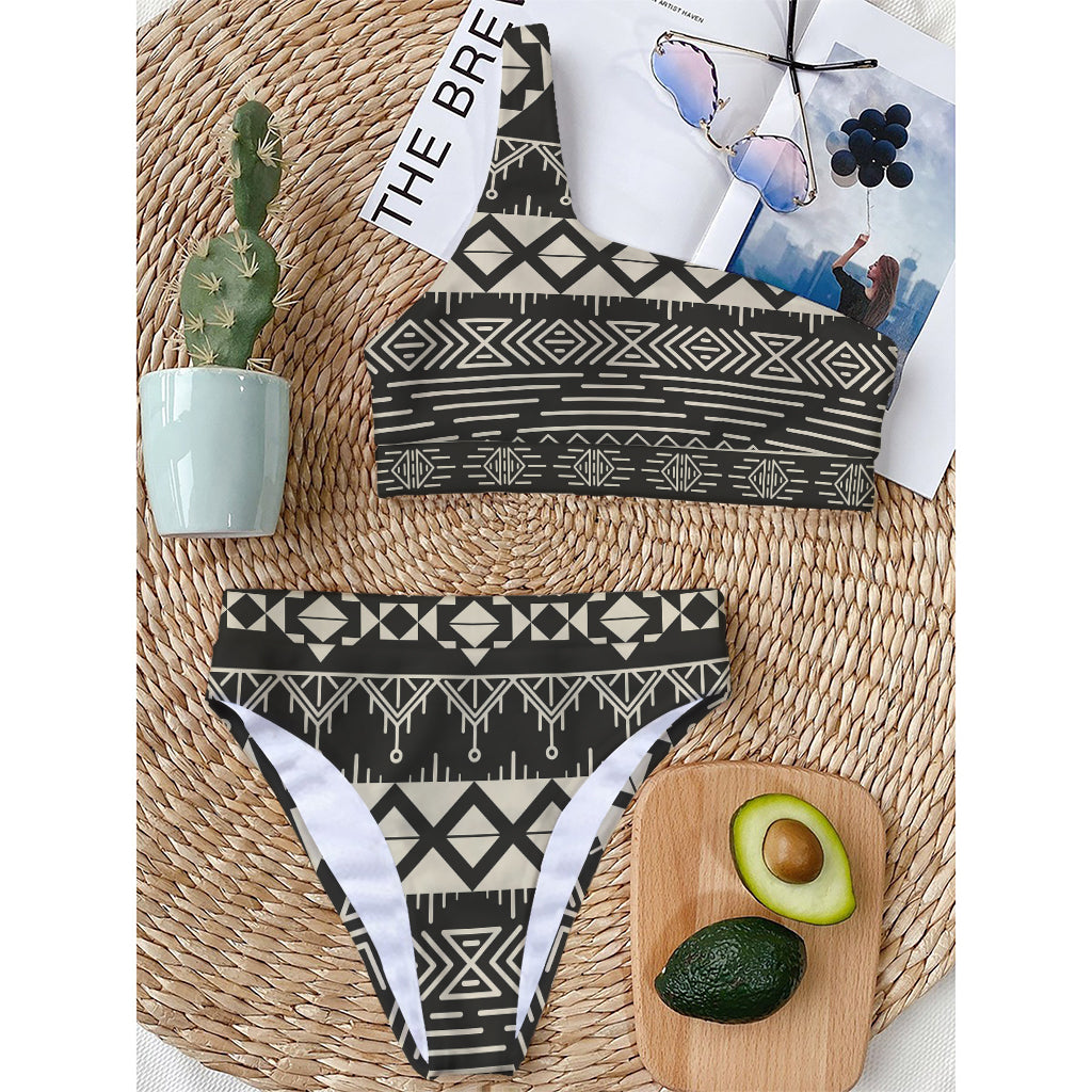 Black And Beige Aztec Pattern Print One Shoulder Bikini Top