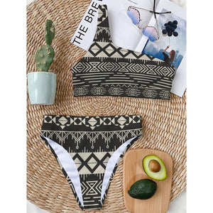 Black And Beige Aztec Pattern Print One Shoulder Bikini Top