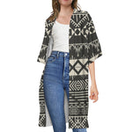 Black And Beige Aztec Pattern Print Open Front Beach Cover Up