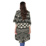 Black And Beige Aztec Pattern Print Open Front Beach Cover Up