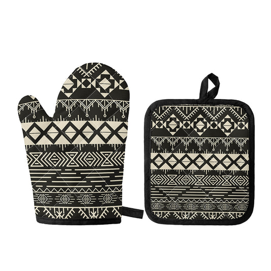 Black And Beige Aztec Pattern Print Oven Mitt And Pot Holder Set