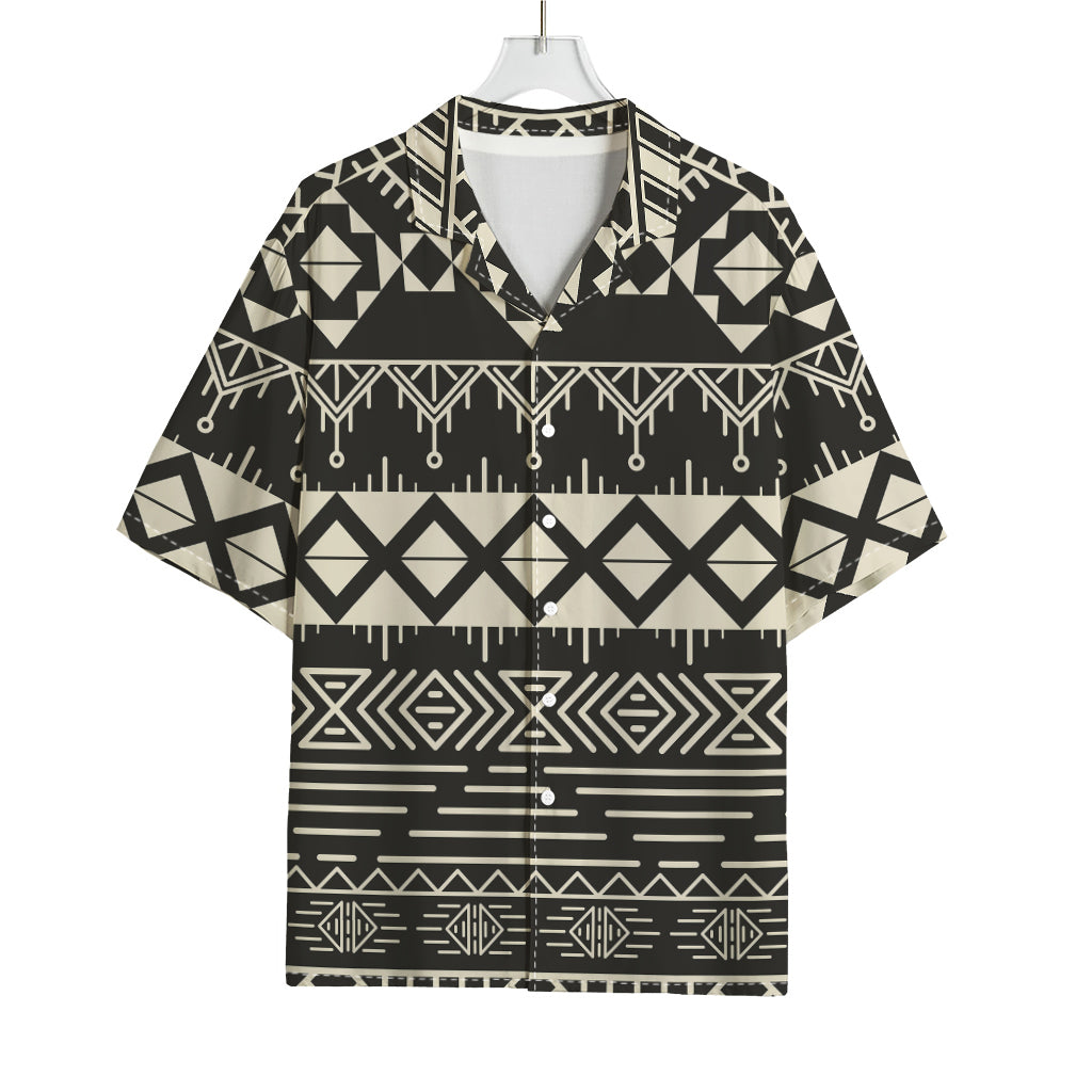 Black And Beige Aztec Pattern Print Rayon Hawaiian Shirt