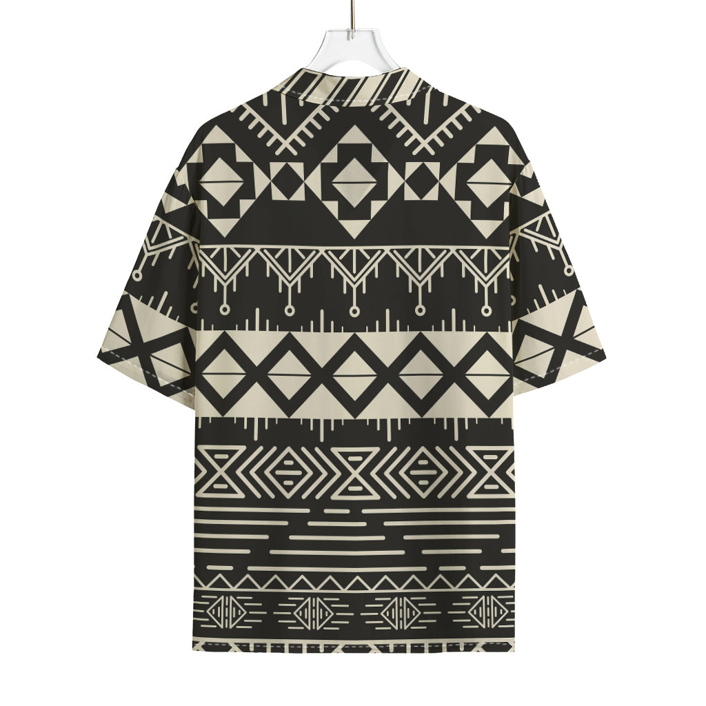 Black And Beige Aztec Pattern Print Rayon Hawaiian Shirt