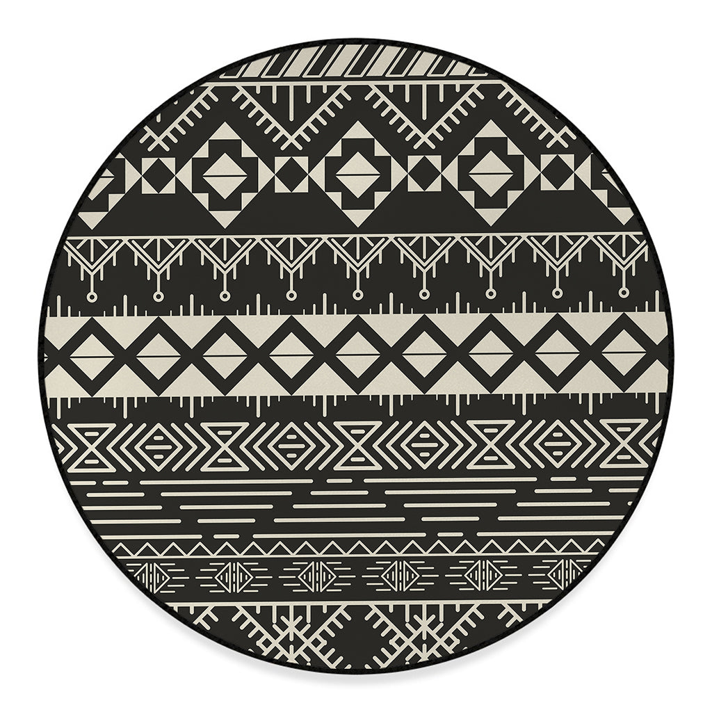 Black And Beige Aztec Pattern Print Round Floor Mat