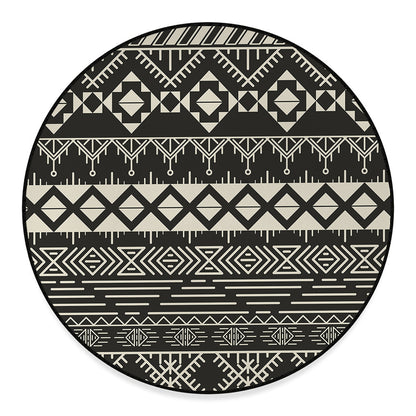 Black And Beige Aztec Pattern Print Round Floor Mat