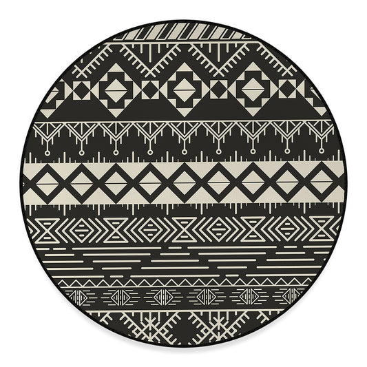 Black And Beige Aztec Pattern Print Round Floor Mat