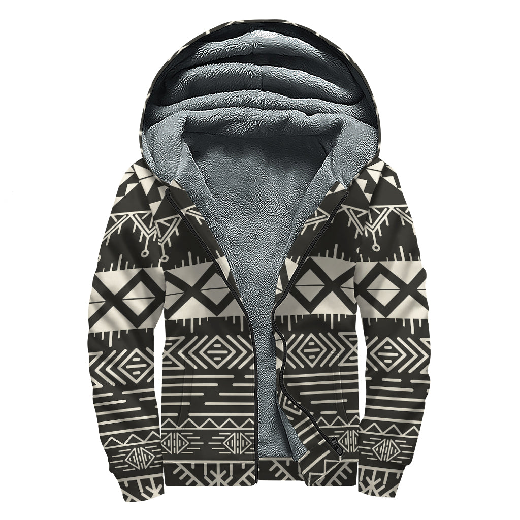 Black And Beige Aztec Pattern Print Sherpa Lined Zip Up Hoodie