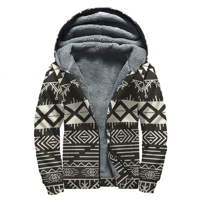 Black And Beige Aztec Pattern Print Sherpa Lined Zip Up Hoodie